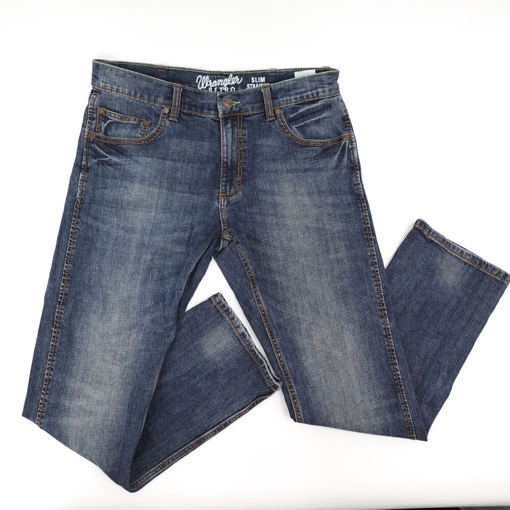 Wrangler Retro Jeans Mens 34 Blue Slim Straight Stretch Denim Medium Wash